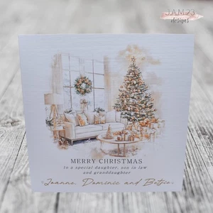 Personalised Christmas Tree Scene Card Family Friends White & Gold - Picture 1 of 9