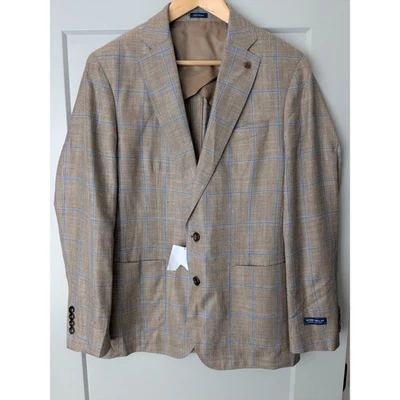 Blazer Peter Millar Crown hecho a mano para hombre 38R azul tostado a cuadros lana seda lino nuevo sin etiquetas Foto 1 de 4