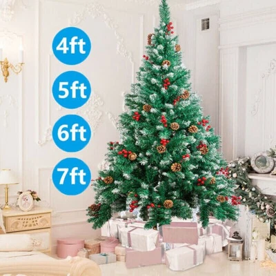 Árbol de Navidad flocado nevado de 5/6/7 pies con cubierta de bayas de cono de pino decoración del hogar de Navidad Foto 1 de 4