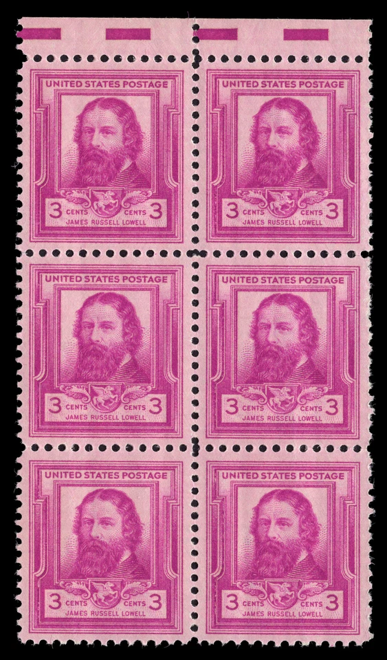 US Scott # 866, James Russell Lowell, Block of (6) 1940 3¢ Stamps, MNH - Image 1 of 1