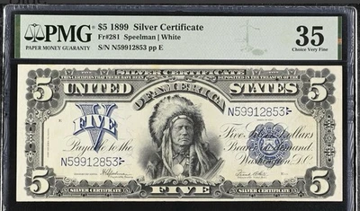 1899 $5 ‘Chief’ U.S. Silver Certificate PMG VF 35 Fr# 281 U.S. Large Note - Image 1 of 2