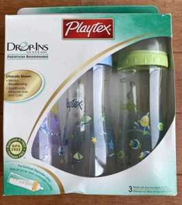 Vintage Playtex Drop In Baby Bottles Three 8 oz Yellow Green Blue New In Box - Picture 1 of 5