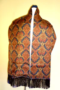 Sciarpa oblunga uomo nuova senza etichette vintage Willa New York seta marrone navy stampa paisley frange - Foto 1 di 8