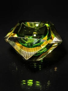 Sommerso Murano Flavio Poli Green and Gold  Faceted Glass Ashtray Italy #5506 - Picture 1 of 14