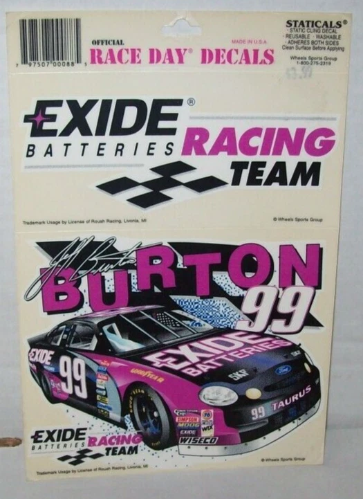 PAQUETE DE 2 CALCOMANÍAS ESTÁTICAS JEFF BURTON #99 EXIDE NASCAR DÍA DE CARRERA VENTANA Foto 1 de 1
