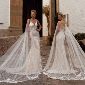 Applique Wedding Dresses With Shawl V Neck Ruffles Mermaid Backless Sweep Train - Picture 1 of 17