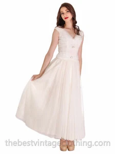 VTGRetro 50s S Nylon Chiffon Dress Long Gown White  Prom Wedding Rhinestones - Picture 1 of 5