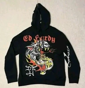 Felpa con cappuccio Ed Hardy nera tigre pile pullover felpa Y2K uomo taglia small nuova con etichetta - Foto 1 di 4