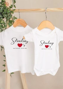 Personalised Stealing Hearts Since Script Babygrow/Vest/T-shirt - Picture 1 of 8