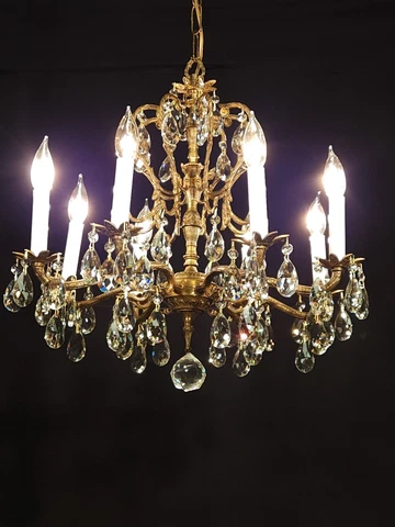 Antique French Brass STATELY 8 Arm 8 Lite Cut Lead Crystal Chandelier Cover