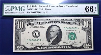 1974 $10 Federal Reserve Note Fr-2022-D* Cleveland PMG66EPQ Gem - Image 1 of 2