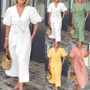 Plus Size Women V Neck Maxi Dress Bowknot Holiday Short Sleeve Smock Dresses - Picture 1 of 19