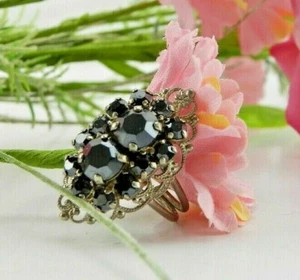 Anillo Vintage Negro Estrás Tono Plata Talla 7.5 Estilo Art Deco - Imagen 1 de 10