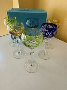Antique Bohemian Cut To Clear Crystal Multicolor Stem Wine Goblet Glasses w/Box