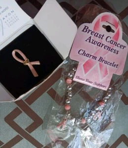 Pink Ribbon Cancer Awareness Charm Bracelet And Pin - Picture 1 of 8