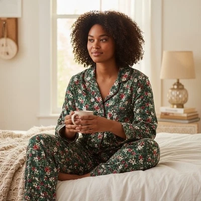 NUEVO Conjunto de pijama de franela festiva floral vacaciones verde para mujer Charter Club XXL Foto 1 de 4