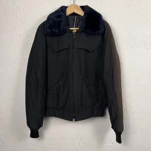 Vintage 80's Deadstock Faux Fur Collar Military Flight Bomber Jacket Black - Picture 1 of 7
