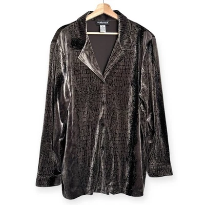 复古 Sag Harbor 棕色蛇皮印花丝绒衬衫西装外套女式 2X 码 — 第 1/4 张图片