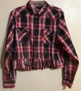 Burnside Women's L/XL Ruffle Hem Snap Western Shirt Red/Maroon Black/Gray Plaid - Picture 1 of 12