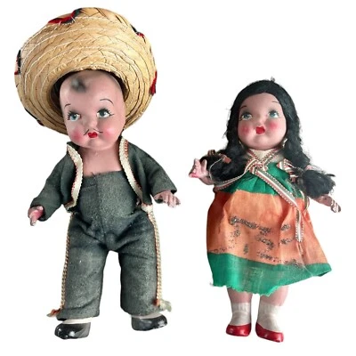 Pareja Muñecas Mexicanas Tradicionales Años 30 Cerámica 9" Cabezas Pintadas De Colección Foto 1 de 4