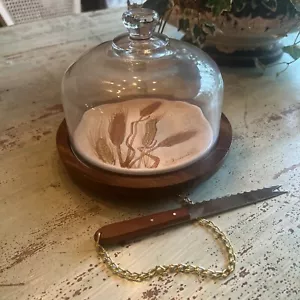 Vintage 1970s Goodwood Teak Wood Wheat Cheese Glass Dome and Knife MCM BOHO - Picture 1 of 5