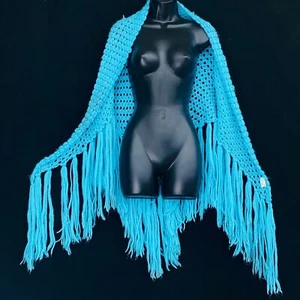 Vintage türkises Tuch mit langen Fransen, blaues Boho Dreieck 60er Jahre Acryl - Bild 1 von 5