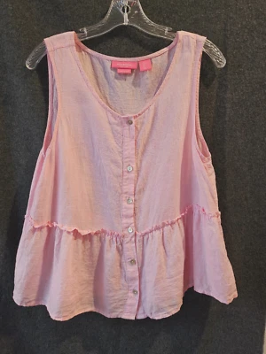 Isaac Mizrahi Sleeveless Top Pink 100% Linen Women Size Lg MOP Buttons, Ruffle - Изображение 1 из 4