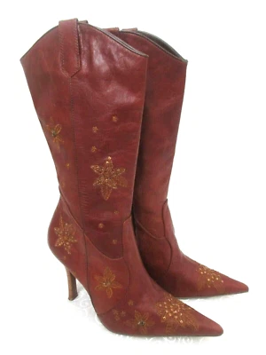 Botas de Cuero Panaderos Coñac Lentejuelas Adornadas Punta Puntera 6M NUEVAS Foto 1 de 4