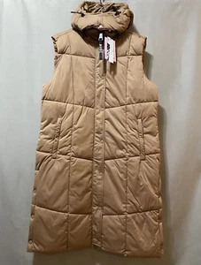 NWT Avec Les Filles Women Hooded Zipper Quilted Longline Puffer Vest SZ L Brown - Picture 1 of 23