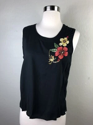 NWT PEPPERMINT BAY Womens M Sleeveless Top Monkey Floral Embroidered Black  - Image 1 of 4