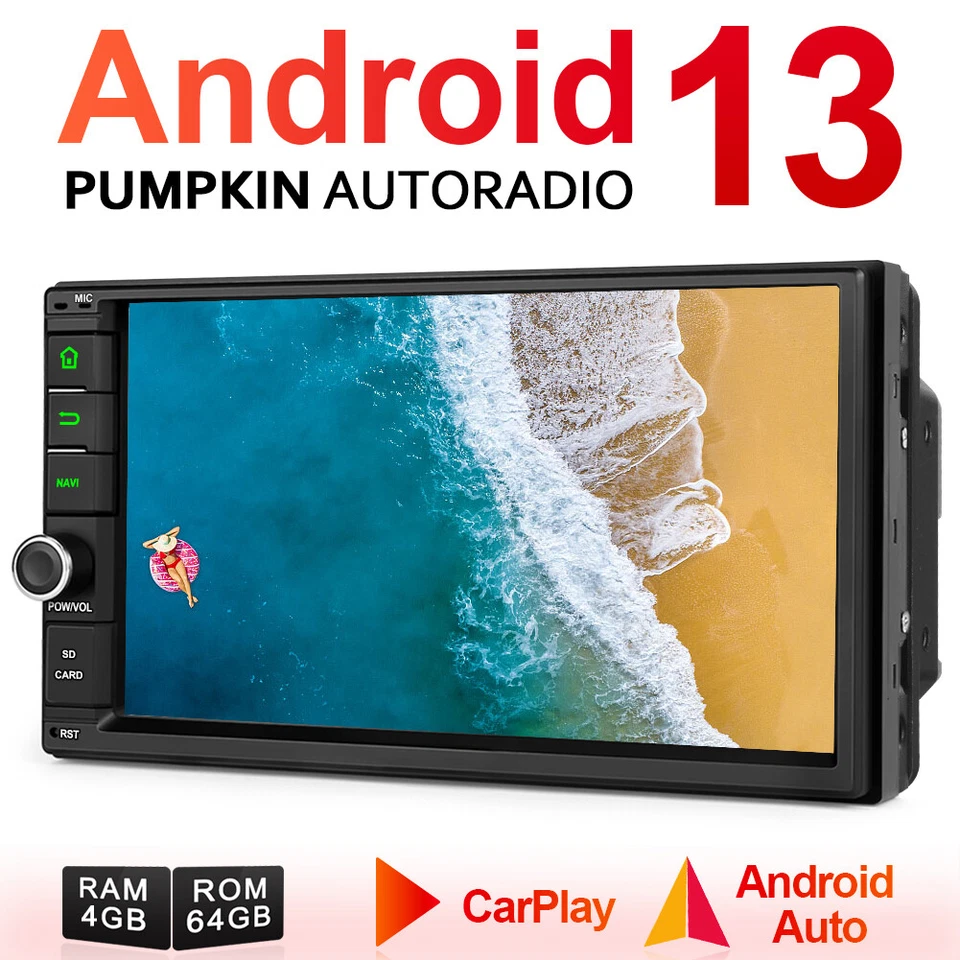 Pumpkin Android 13 Autoradio 2 DIN GPS Navi Carplay WiFi 4GB 64GB USB Bluetooth - Bild 1 von 4