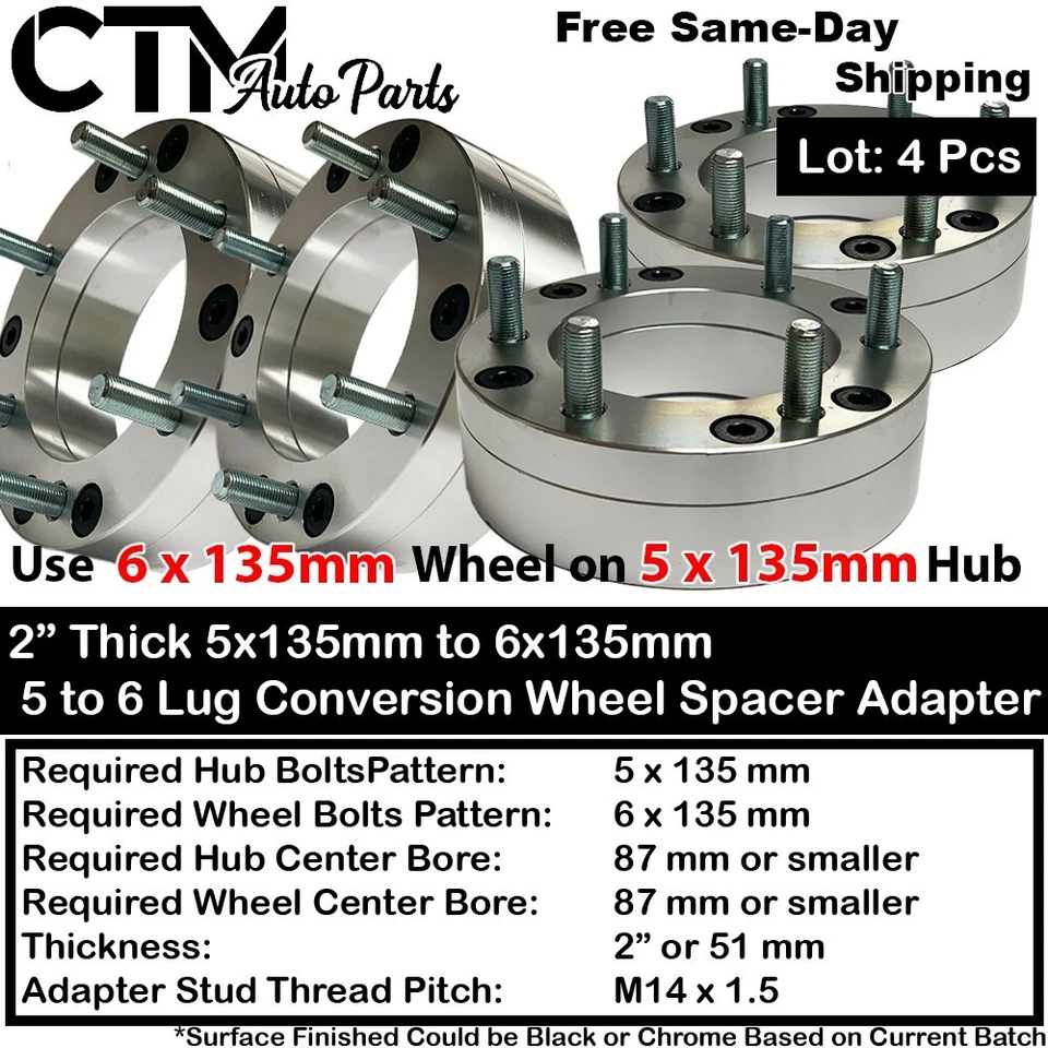 4x 2" Thick 5x135 to 6x135 Wheel Adapter Old F150 Navigator Expedition 12x1.75 - Image 1 of 4