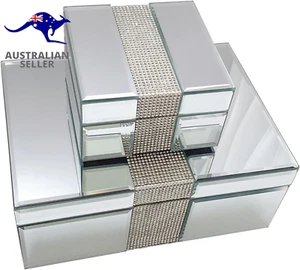 Silver Mirrored Glass Crystal Jewellery Storage Chest Box Women Trinket Drawers - Picture 1 of 12