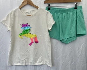 Girls Unicorn T-shirt Shorts Set Size 16 White Sequins - Picture 1 of 10