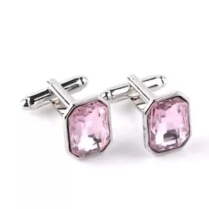 Silver Pink Crystal Cufflinks Formal Wear Gift Wedding Business for Suit Shirt - Picture 1 of 1
