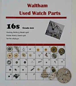 Waltham 16, Piezas Usadas, Modelo 1908, Grado 610 Ser Nº 21846430 WP2/017 - Imagen 1 de 1