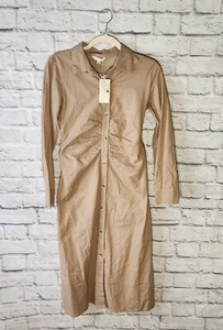 Sim & Sam Damen Kleid Größe S Camel Baumwolle Rüschen Button Down Midi Langarm  - Bild 1 von 4