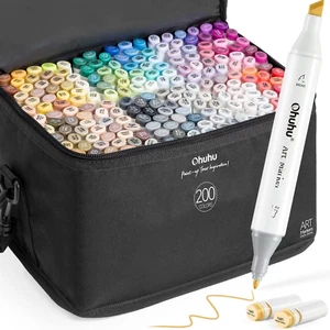 Ohuhu 200 Color Marker Set Chisel Fine Dual Tips & Carrying Case & 1 Blender Pen - Picture 1 of 13
