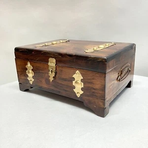 Vintage Wooden Chest Hinge Box Trinket Jewelry Aged Metal Hardware Handles READ - Picture 1 of 12