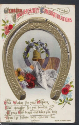 Embossed Greetings Postcard - Wedding Anniversary Good Luck Horseshoe RS10863 - Image 1 of 2