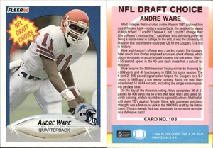 1990 Fleer NFL Draft Choice RC Andre Ware #103 Houston Cougars/Detroit Lions - Bild 1 von 3