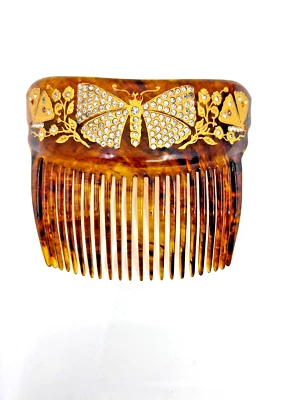 Large Faux tortoise- crystal and 18k Gold inlayed hair comb Foto 1 de 3