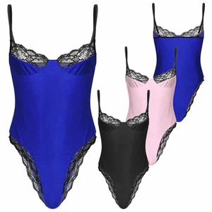 Men's Lace Trimming Bodysuit Sissy Unlined Wireless Sleeveless Leotard Nightwear - Picture 1 of 37