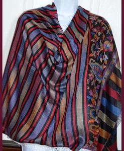 ¡Chal a rayas multicolor mezcla de seda Pashmina, estola, envoltura con borde floral! - Imagen 1 de 7