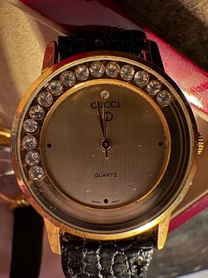 Gucci Floating Diamonds WATCH ONLY ,  Black Leather Band Gold Accent, White Face - Image 1 of 4