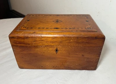 1800's antique handmade inlaid marquetry parquetry wood jewelry box/  mirror - Image 1 of 4