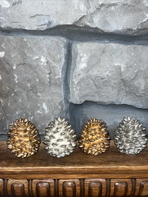 VTG Set 4 -GOLD  Silver Colored Metal  Pine Cones  Decorative Christmas Holiday - Image 1 of 4