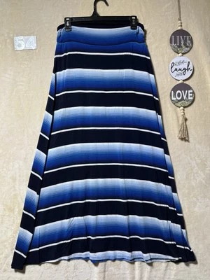 Merona Skirt Womens Medium Black Blue & White Striped Rayon Soft Long Casual - Image 1 of 4