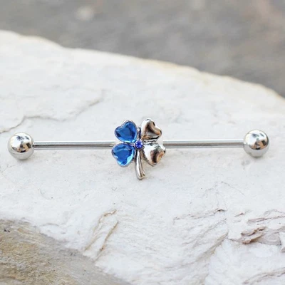 316L Stainless Steel Blue Clover Leaf Industrial Barbell - Image 1 of 3