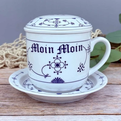 Kräuterteetasse Indisch Blau " Moin Moin " Porzellan Teetasse maritim - Bild 1 von 4